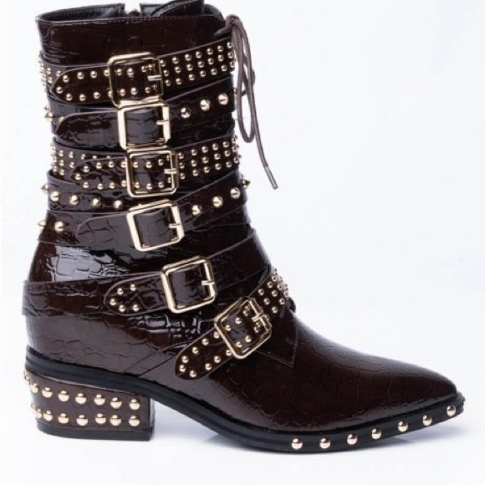 Western Cowboy Brown Vegan Crocodile Leather Studded Belt Strap Riding Boots - Picture 2 of 5